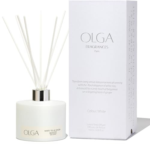 OLGA Reed Diffuser - Limited Edition - 180ml White Tea & Ginger Reed Diffusers for Home with 8 Premium Diffuser Sticks - Large Room Strong Fragrance Aromatherapy Gift Set - Up to 90 Days