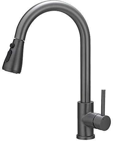 Heable Kitchen Sink Mixer Tap with Pull Down Sprayer Grey, Single Handle High Arc Pull Out Kitchen Taps, Kitchen Faucet with UK Standard Fittings
