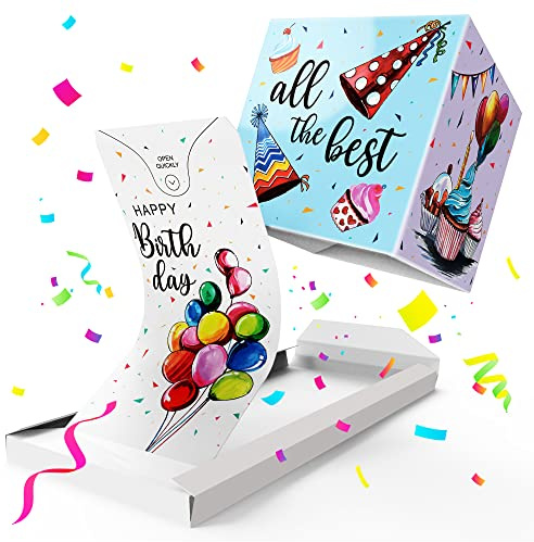 Notta&Belle FEEL LOVE EVERY MINUTE «BOOM!» Biglietto di Auguri Esplosivo Coriandoli Happy Birthday (bianco - palloncini), Buon Compleanno Sorpresa