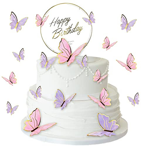 YMJD 61PCS Decoration Gateau Anniversaire, Papillon Décoration Gâteau 3D Papillon Gâteau Topper Décorations Papillon Cupcake Toppers Papillon Mur Décorations