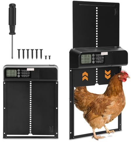 Izrielar Automatische Hühnerklappe Türöffner, Elektrische Türöffner mit LED Display,Timer, Intelligenter Einklemmschutz Automatisch Hühnertür für Sichere Hühneraufzucht