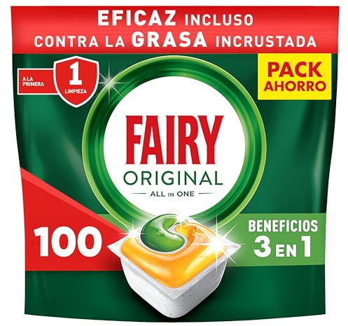 Fairy Original Todo En Uno Pastillas Lavavajillas, 100 Capsulas, Elimina Grasa Reseca, Detergente Lavavajillas con Aroma a Limpio y Fresco, El embalaje puede variar