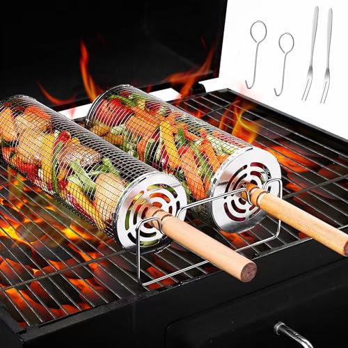 Panier à Griller Roulant avec Poignée en Bois, Panier Barbecue, Panier Grille Barbecue Ronde, BBQ Grill Basket en Acier Inoxydable,Accessoires Barbecue (2 Pièces 31 cm + 20 cm)