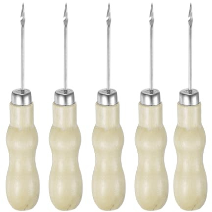 QUARKZMAN 5pz Punteruolo Cucito Lavoro Manuale Testa Doppio Gancio Zucca Strumento Forare Pelle Manico Legno Graffi Filo Rotto per Segnare Foratura Cucitura Riparazione Fare Mano Registro