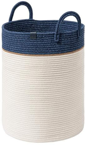 La Jolíe Muse Large Storage Basket - Cotton Rope Laundry Basket with Handle for Diaper Blanket Toy Towel Woven Laundry Basket Home Decor, Pewter Blue-L