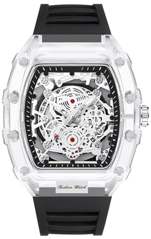 RORIOS Orologio da polso Trasparente Tonneau da Uomo Orologio Analogico Quarzo Orologio Moda Silicone Orologio Luminosi Calendario Nero