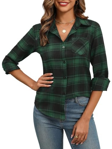 Zeagoo Damen Karierte Bluse Elegant V-Ausschnitt Blusen Langarm Hemd Trachtenbluse Oktoberfest Bluse Tuniken Hemdbluse Tunika Tops Casual Button-down Blusen Grün Schwarz XL