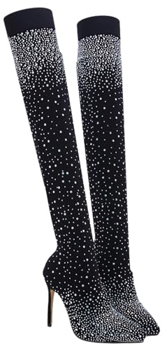 Negro,35 EU, Botas Altas hasta El Muslo para Mujer Botas Elásticas por Encima La Rodilla Diamantes Imitación Puntera Puntiaguda Purpurina Tacones Altos Aguja Diamantes Botas Largas Botas