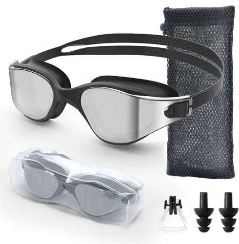Roujune Polarisiert Schwimmbrille Herren Damen, UV-Schutz, Anti-Nebel, Verstellbarer Gurt, Komfortable Passform, Profi Schwimmbrille für Erwachsene und Jugendliche Mit Nasenklammer und Ohrstöpseln
