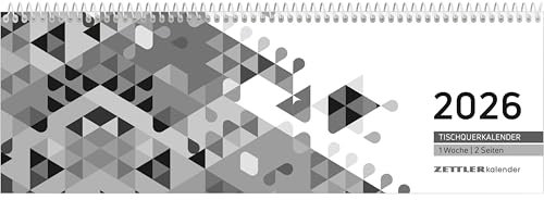 Zettler Tischquerkalender Schwarz 2026 – Bürokalender 30x10 cm, Wochenkalender mit 1 Woche auf 2 Seiten, 3-sprachigem Kalendarium, Spiralbindung & Stundeneinteilung 7–19 Uhr