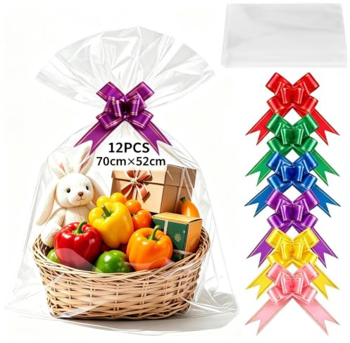 MtnLaur 12 bolsas grandes de celofán con cinta para cestas de regalo, bolsas transparentes de celofán para cestas de regalo, cajas de regalo, bodas, cumpleaños (70 x 52 cm)