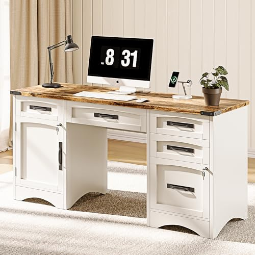 Decofy 55 Farmhouse Executive Desk with Drawers, White