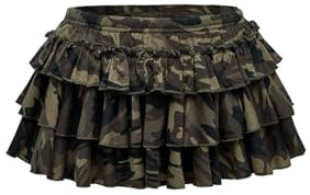 GORGLITTER Y2K Mini jupe plissée pour femme avec camouflage - Taille élastique - Jupe plissée avec ourlet à volants - Tenue de festival, Vert armée., XL