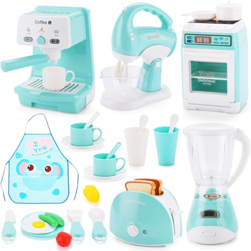 ZUSUZU Accesorios Cocina Juguetes,Electrodomesticos Cocina Juguetes,Conjunto de Utensilios de Cocina Infantil,Cafetera Batidora Tostadora con Luces y Sonidos Realistas,Juego de Roles para Niños Niñas