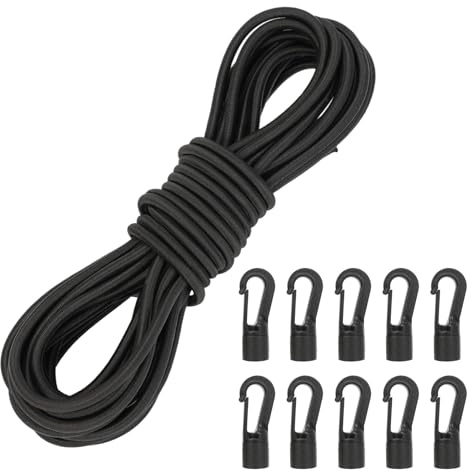 Corda di gomma da 6 mm, 10 m, colore nero, con 10 ganci in plastica, corda di tensione per teloni, teloni, tende, campeggio, vela, rete (6 mm/10 m)