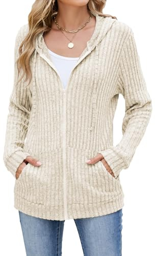 iChunhua - Felpa con cappuccio da donna con zip, a maniche lunghe, con cappuccio, leggera, con tasche, Beige, S