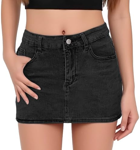Generisch 2026 Women's Bodycon Denim Short Mini Skirts High Waist Casual Washed Stretchy Denim Skirts with Pockets Metallic Children, black, L