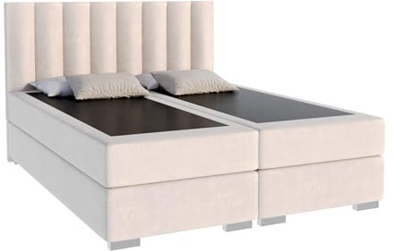 FurnitureByJDM Lit 160x200 cm avec Sommier – Boxspring Lit de Rangement Double - Moderne Coffre & Vérins à Gaz – Tissu Doux – Lincoln (Crème)