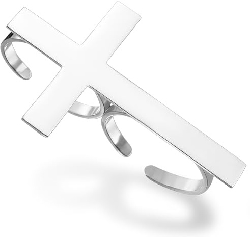 Anello a croce per donne e uomini in acciaio inossidabile regolabile due anelli per dita anello impilabile ideale per matrimonio cattolico cristiano religioso fede amuleto gioielli (Argento 2)