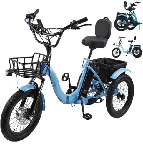 GCLCPAEN Triciclo Eléctrico,Llantas Anchas De 18X3,Diseño Plegable,3 Modos De Conducción,7 Velocidades,Cesta Portaobjetos,Panel Digital,Sensibilidad De Frenado,Ideal para Picnics Y Fitness Blue