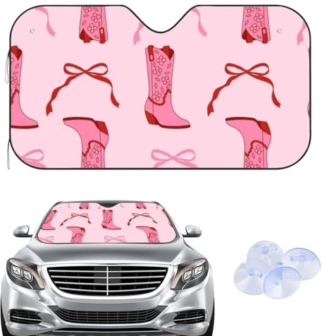 Hightopup Rosa rosett cowboy stövlar vindruta skydd solskydd, frost bil vindruta skydd vinter, biltillbehör frostskydd vindruta ny förare gåvor skydd frostfönster för suv skåpbil (135 × 60 cm)