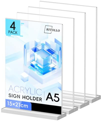 RITOLLO 4-Pack A5 Acrylic Sign Holders, Double-Sided T-Shape | Clear Perspex countertop display for menus, prices and notices in restaurants, cafés, shops and offices