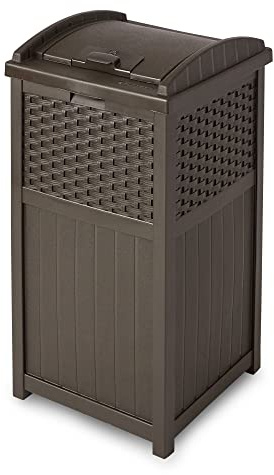 Suncast 33 Gallon Commercial Outdoor Trashcan Hideaway with Lid for 30 to 33 Gallon Trash Bags for Garage, Backyard, or Garden, Brown