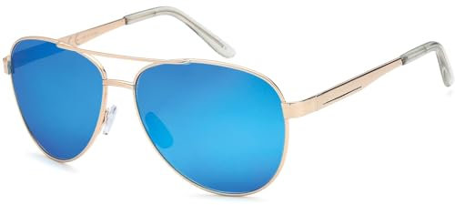 styleBREAKER Gafas de sol polarizadas para aviador, gafas de aviador con bisagra de resorte, estuche y paño de limpieza, unisex 09020046, color:Marco oro claro / delineado de vidrio azul-lila