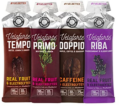 Veloforte Natural Energy Gels 15 Pack (Assorted Flavours) of 22g Dual Carb Fast Release Energy with Electrolytes, Vegan Friendly & Gluten Free, For Running, Marathons, Cycling and Triathlon