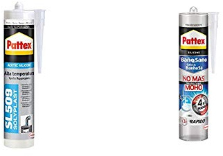 Pattex 1533675 SL 509 Alta Temperatura Sellador de Silicona Acética + Baño Sano No Más Moho, Antimoho e Impermeable, Transparente Duradera Para Cocina y Baño