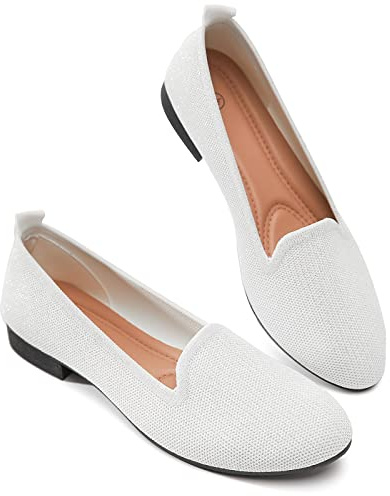 BABUDOG Women's Sparkly Flats Shoes Shiny Mesh Loafers Shoes Soft Memory Foam Flats(Sparkly White.US9)