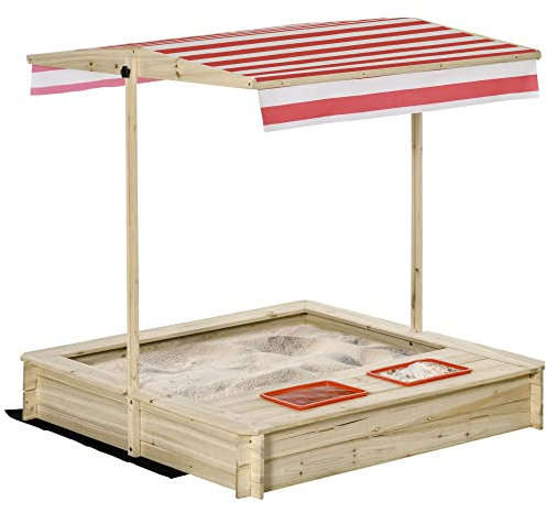 Outsunny Arenero Infantil de Madera con Techo Inclinable Ajustable en Altura y 2 Bandejas Auxiliares Cajón de Arena de Jardín para Niños +3 Años 118x118x118 cm Natural y Rojo