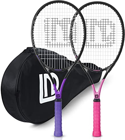 LUNNADE Confezione da 2 racchette da tennis per adulti, resistenti, da 68 cm, leggere, pre-infilate e rigirate, adatte per principianti e giocatori intermedi