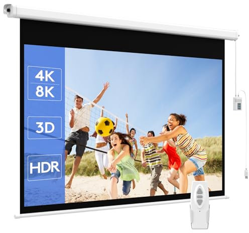 WASJOYE 120 Leinwand Beamer Elektrisch Diagonale Automatische Projektion 16:9 8K HD Filme Schirm für Heimkino Büro Videospiel Outdoor Indoor, Projector Screen W/Fernbedienung und Wand/Decke Mount