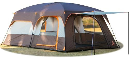 KTT Extra Large Tent 14 Person,Family Cabin Tents,2 Rooms,Straight Wall,3 Doors 3 Windows with Mesh,Waterproof,Double Layer,Big Tent for Outdoor,Picnic,Camping,Family Gathering(Brown)