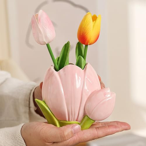 Wnvivi Vaso in Ceramica Tulipano,Vaso di Fiori Decorativo Tulipano,Mini Disposizione di Fiori Contenitore Vasi per Piante Centrotavola per la Decorazione Domestica(Rosa)