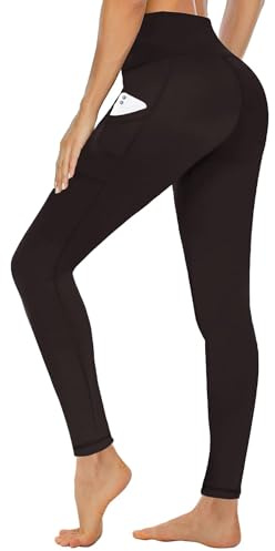 CAMPSNAIL Leggings for Women UK with Pockets High Waisted Ladies Black Sport Stretchy Gym Trousers Running Soft Tummy Control Yoga Pants Workout Hiking(Coffee,S-M)