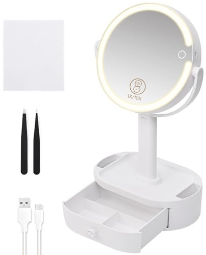 Livofloral Schminkspiegel mit Beleuchtung, Rund Doppelseitig Kosmetikspiegel, 10X Vergrößerungsspiegel mit 80 LED Licht, 360°Drehbar 3 Farben Dimmbar Helligkeit Stand Tischspiegel, für Zuhause Reisen