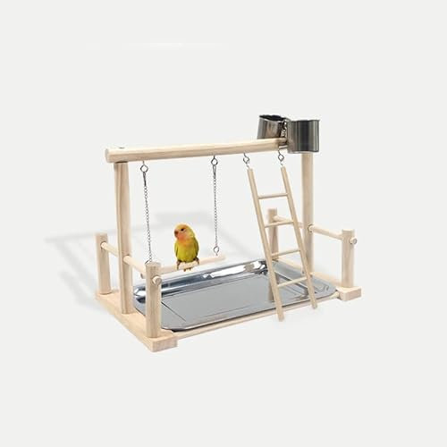 Vogel Spielplatz, Holz Wellensittich Spielplatz Freisitz mit 2 Edelstahl Feeder-Cup Spielzeug Leiter und Tablett, Papageien-Spielständer Sitzstange für Nymphensittich Papageien Wellensittiche (B)
