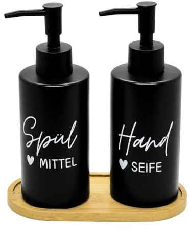 BoBoU 2er Set Glas Seifenspender schwarz matt 320ml Keramik Oberfläche Mattschwarzer Pumpenkopf mit Bambus tablett handgeschriebener Text Spülmittelspender Handseifenspender Küche Bad