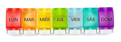 Pastillero Semanal 1 Toma Diario con Botones - Organizador de Medicamentos en Colores por Día, Caja de Pastillas de Viaje Duradera y Portátil, Ideal para Medicación Regular