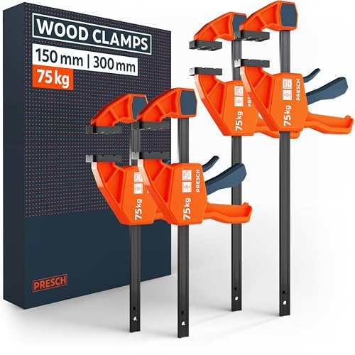 Presch Morsetti da falegname 150mm e 300mm 4 pz - Set di morsetti con forza di serraggio di 75 kg - Acciaio al carbonio e corpo rinforzato in fibra di vetro - Con funzione divaricazione