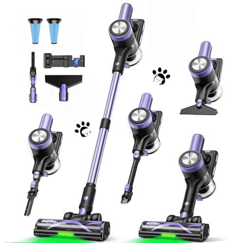 SUXIANGVAC Akku Staubsauger 48KPa/500W/55Mins, Staubsauger Kabellos mit Wandmontierte Ladestation, Selbststehende, LED Display, Anti Tangle Bürste, fürTierhaare/Teppiche/Hartböden/Auto, Violett