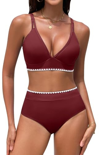 UMIPUBO Bikini dam set hög midja push up mage väg hög midja tvådelad v-ringad badmode färgblockering med mussla kanter badkläder, vinröd, M