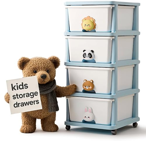 Froppi 4 Drawers Plastic Storage Units with Wheels | 4 Tier Kids Storage Drawers | Toy Storage Unit for Nursery, Playroom, Bedroom | White/Blue | L34 W40 H79 cm