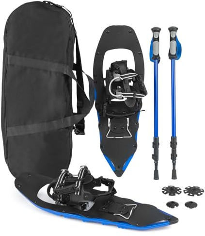 COSTWAY Racchette da Neve 54/63 cm per Donna e Uomo con Sollevatore per Tallone e Borsa, Bastoncini da Trekking Telescopici 64-135 cm con Punte in Tungsteno, Dischi per Neve e Fango (Blu,63 cm)