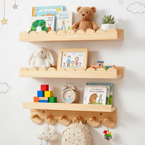 3 Pack Wooden Nursery Shelves,40CM Floating Book Shelves for Nursery Decor | Wall Mounted Scalloped Kids Bookshelf with Round Hooks for Display,Decor,Kids Storage for Toys for Baby Bedroom Living Room