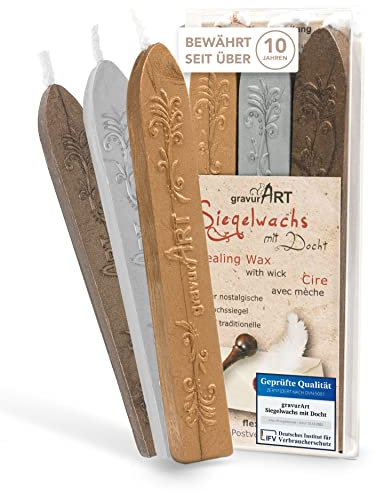 gravurART Siegelwachs - Briefe, Einladungen und Geschenke versiegeln und aufpeppen mit Stempelwachs für Siegelstempel - 3 Stangen Wachs mit Docht, Mix Gold - Silber -Bronze