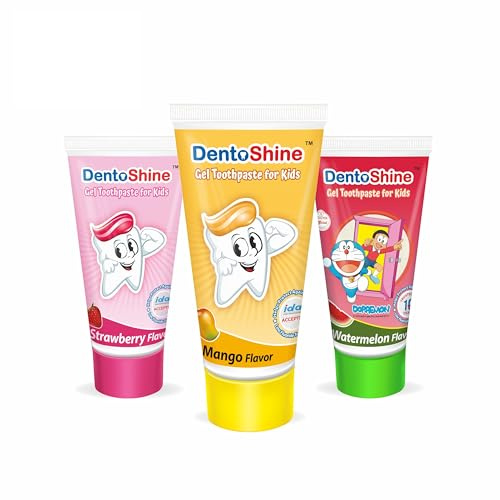 DentoShine Tandkräm för barn | Förpackning med 3 smaker (jordgubb, mango och vattenmelon, 80 g vardera)