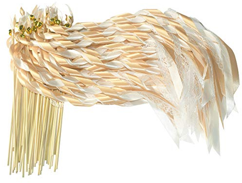 Kingsnow 50 Pack Champagne Lace Ribbon Wands Party Streamers with Bells Silk Fairy Stick Wand Party Favors for Wedding Send off Party Activities Baby Shower Holiday Celebration
